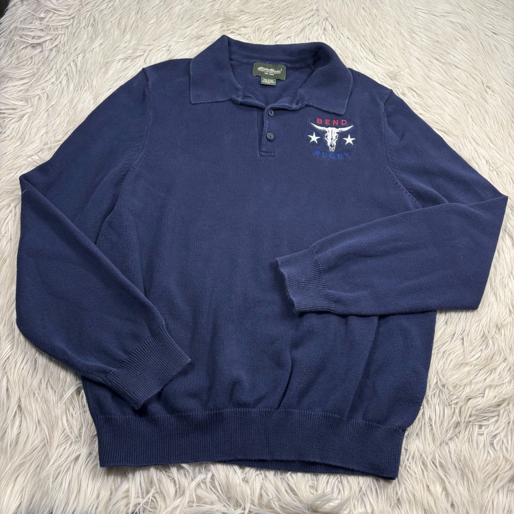 Eddie Bauer Men's M Navy Henley Polo Sweater Bend Rugby Cow Skull Blokecore